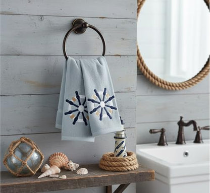 Serafina Home Coastal Nautical Ocean Embroidered Navy White Fingertip Towels, Captains Ship Wheel, Set of 2, 12 x 18 inches, 100% Cotton, - color: Ships Wheel