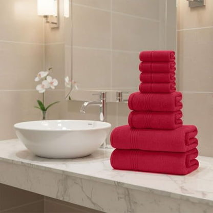 8 Piece Bath Towels for Bathroom - 100% Cotton, Soft Absorbent Bathroom Towels Set - 2 Extra Large Bath Towels, 2 Hand Towels & 4 Washcloths - Hotel Spa Thick Plush Towel, Red - color: Red (Pack of 8)