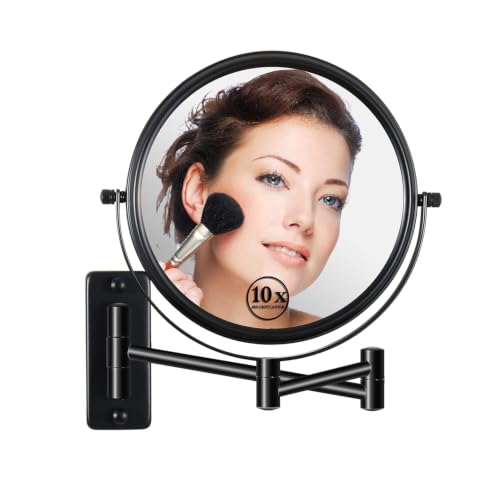 8" Wall Mounted Makeup Mirror with 1X 10X Magnification, Matte Black | Double-sided Wall Mount Magnifying Mirror with Swivel Extendable Arm for Bathroom - color: Matte Black-no Lights