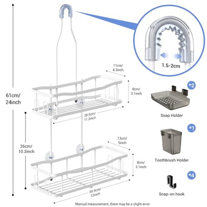 Hanging Shower Caddy Over Shower Head - No Drill Rustproof Shower Rack | Includes Soap Holder and Hooks for Shampoo, Conditioner, and Bathroom Essentials with Stable Storage in Any Shower Space - color: White