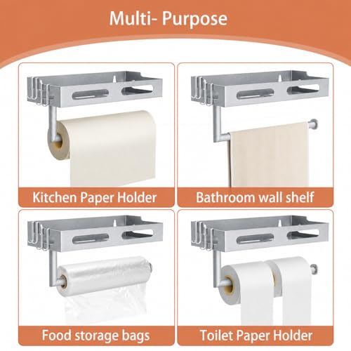 Silver Paper Towel Holder Wall Mount with Shelf, Easy One Hand Tear, Adhesive Glue or Drill Mount Hanging Paper Towel Holder with Shelf for Kitchen/Bathroom/RV, Metal, 4 Hooks - color: Silver