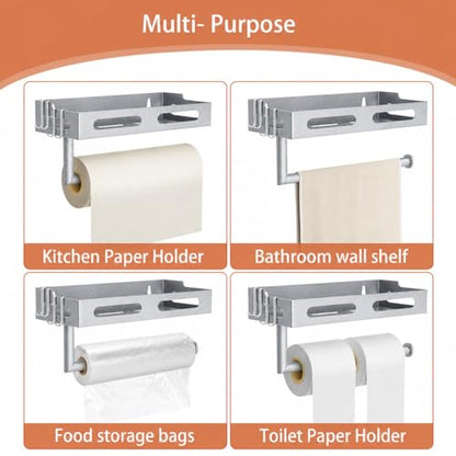 Silver Paper Towel Holder Wall Mount with Shelf, Easy One Hand Tear, Adhesive Glue or Drill Mount Hanging Paper Towel Holder with Shelf for Kitchen/Bathroom/RV, Metal, 4 Hooks - color: Silver