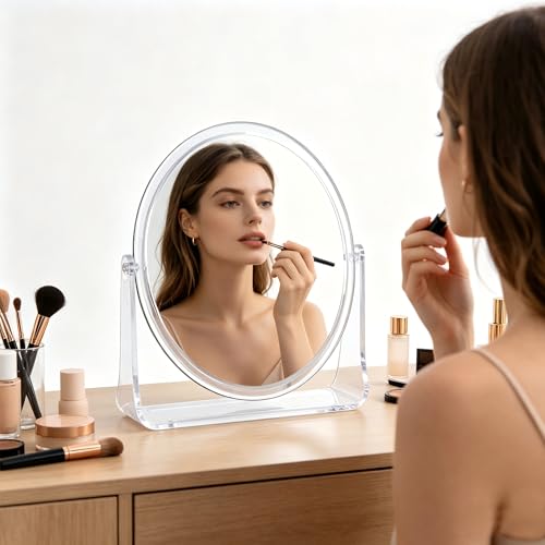 1x/1x Double-Sided Makeup Mirror, Clear Acrylic Desktop Mirror, 360-Degree Rotating Portable Desktop Mirror, Ideal for Makeup Application, Shaving, and Daily Skincare (Clear, Oval)