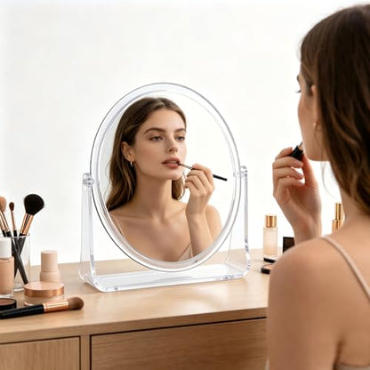 1x/1x Double-Sided Makeup Mirror, Clear Acrylic Desktop Mirror, 360-Degree Rotating Portable Desktop Mirror, Ideal for Makeup Application, Shaving, and Daily Skincare (Clear, Oval)