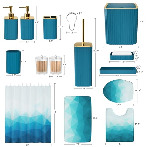 XLHOMO Bathroom Accessory Set - 26PC Bathroom Shower Curtain and Rug Set, Bathroom Accessories Set, Teal Bathroom Set with Trash Can, Toilet Brush, Qtip Holder & Soap Dispenser - style: Teal