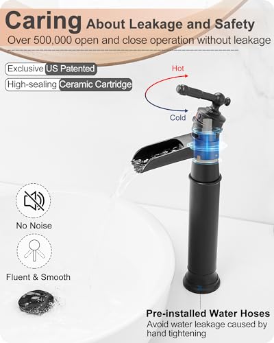 Tall Bathroom Faucet Waterfall, Brass Bathroom Faucets Black Vessel Sink Faucet, Single Handle Bathroom Sink Faucet 1 Hole with Pop-Up Drain & Supply Water Hoses for Hotels Classic No Noise - color: Matte Black - Modern