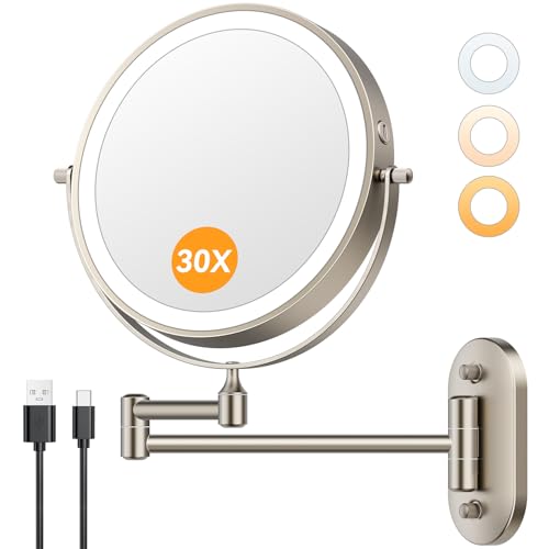 Auxmir 1X/30X Wall Mounted Makeup Mirror, 8" Rechargeable Magnifying Mirror | double-sided button, 3200mAh, 3 dimmable colors, 360° rotation, extended arm, 30X magnification, bathroom, nickel - color: 8'' 30x-nickel