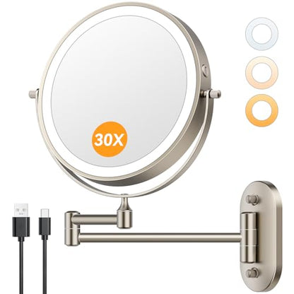 Auxmir 1X/30X Wall Mounted Makeup Mirror, 8" Rechargeable Magnifying Mirror | double-sided button, 3200mAh, 3 dimmable colors, 360° rotation, extended arm, 30X magnification, bathroom, nickel - color: 8'' 30x-nickel