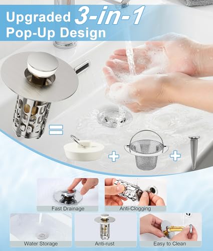 QYHNYJF Upgraded Bathroom Sink Stopper with Hair Catcher - Universal Pop-Up Drain Plug, Stainless Steel & Silicone Seal for 1.1-1.5 Inch Drains,Brushed Nickel Finish (Brushed Nickel) - color: Nickel Brushed