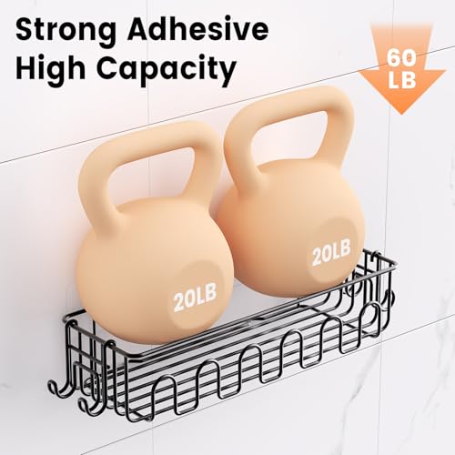 4-Pack Adhesive Shower Caddy, Wall Mounted Bathroom Shelf, Black | 2 Open Grid Baskets, Drill-Free Adhesive, 2 Detachable Hooks, Rustproof Metal, Ideal Bathroom Kitchen Shelf, Holds 25Lbs - color: Black