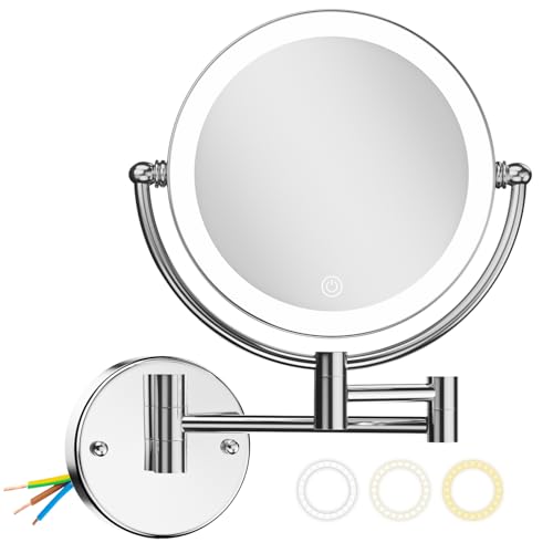 Magnifying Makeup Mirror Wall Mounted with Light, 1X/10X, Hardwired | Double Sided, Touch Switch 3 Color Lighting, Adjustable Brightness, Bathroom Extended Swing Arm Vanity Shaving, Brass Chrome - color: Chrome
