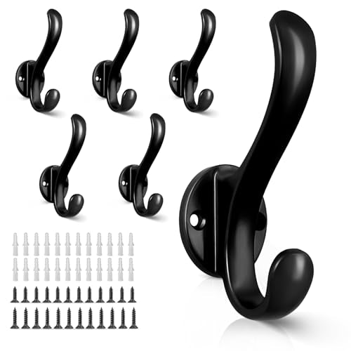 6 Pack Coat Hooks Wall Mount Heavy Duty Utility Retro Double Hooks for Hanging Coats,Hat, Towel, Key, Robe, Scarf, Bag, Cap (Black) - color: 6 Pack-Black