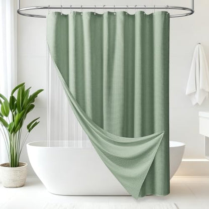 Long 3 in 1 Waffle Shower Curtain Set with Liner 72x78 Sage Green | 78 Inch Long, Waterproof Clear PEVA Liner, 256GSM Heavy Duty Fabric, Tall Hotel Luxury Shower Curtains for Bathroom, 12 Hooks - color: A Sage Green, size: 72"W x 78"L (Pack of 1)