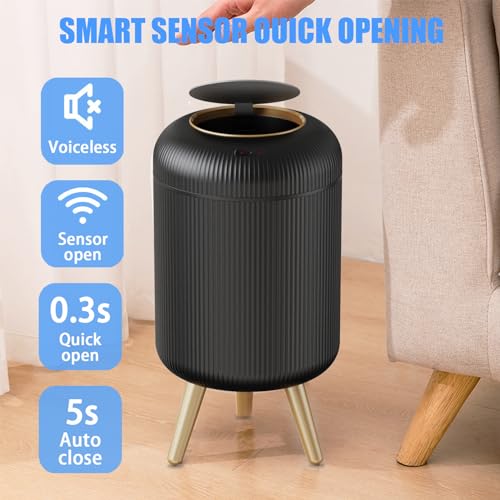 URALFA Motion Sensor Trah Can Bathroom, 3 Gal Automatic Trash Can with Lid | Touchless Sensor Garbage Can with Removable Legs, Smart Waterproof Trash Bin for Bedroom, Office, Restroom, Black and Gold - color: Black, style: Automatic with Legs