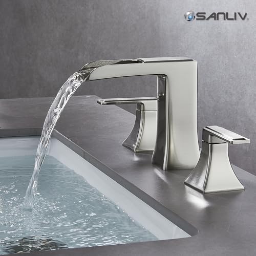Brushed Nickel Bathroom Faucet, Sanliv Widespread Bathroom Faucet for 3-Hole Sinks 4-8 inch, 2-Handle Waterfall Vanity Faucets with Pop-Up Drain, Brushed Nickel - color: Brushed Nickel