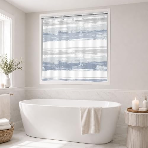 Abstract Blue Short Small Modern White Gray Bathroom Shower Curtain Set | 40Wx36H Striped Geometric design, waterproof HD print with fast-drying fabric and 12 hooks. - color: A1-blue Grey, size: 40"W x 36"L (Pack of 1)