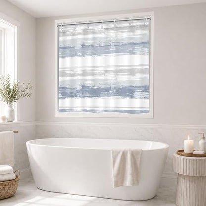 Abstract Blue Short Small Modern White Gray Bathroom Shower Curtain Set | 40Wx36H Striped Geometric design, waterproof HD print with fast-drying fabric and 12 hooks. - color: A1-blue Grey, size: 40"W x 36"L (Pack of 1)