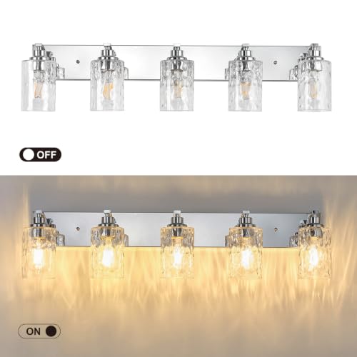 5-Light Bathroom Light Fixtures Modern Chrome Vanity Lights | Easy to Install Clear Hammered Glass Shades, Rippled Glow, Wall Mount Up or Down, E26 Socket, Hardwired, 120V - color: Chrome Hammer, size: 5 Lights