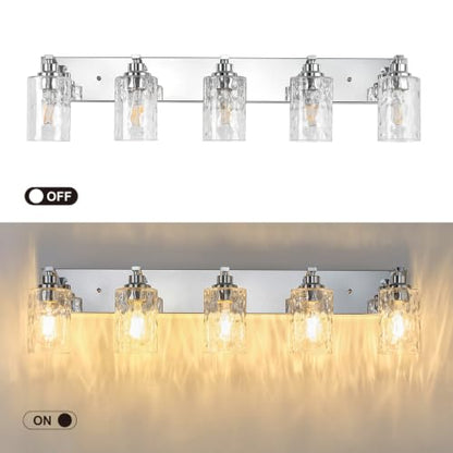 5-Light Bathroom Light Fixtures Modern Chrome Vanity Lights | Easy to Install Clear Hammered Glass Shades, Rippled Glow, Wall Mount Up or Down, E26 Socket, Hardwired, 120V - color: Chrome Hammer, size: 5 Lights