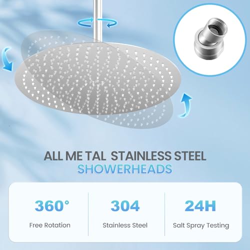 16 inch Ceiling Round Rain Shower Head Brushed Nickel - All Metal Stainless Steel 304, Full Body Round Rainfall Shower with 230 Silicone Nozzles - color: Brushed Nickel, size: 16 Inch
