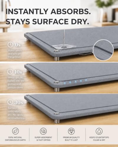 Diatomaceous Earth Dish Drying Mat, Counter, Dark Gray, 24x16 in | Food-grade diatomaceous earth, fast water absorption, 4 sturdy steel feet, doubles as bath or pet mat, dishes not included