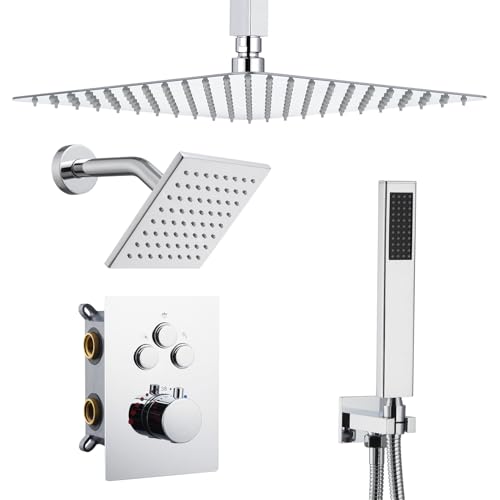Thermostatic Dual Shower Heads System with Ceiling 12-Inch Rainfall Shower & Wall Mount 6-Inch High Pressure Shower Head, Bathroom Chrome Shower Faucet Set with Handheld Sprayer