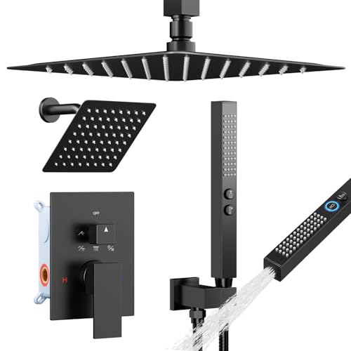 Shower System Shower Faucet Set, STARBATH 12"+6" Ceiling Mount Rain Shower Head and Handheld Spray for Two Person, Rainfall Shower System with Diverter Valve and Trim Kit Complete,Matte Black - color: Matte Black, size: 12"+6"-3