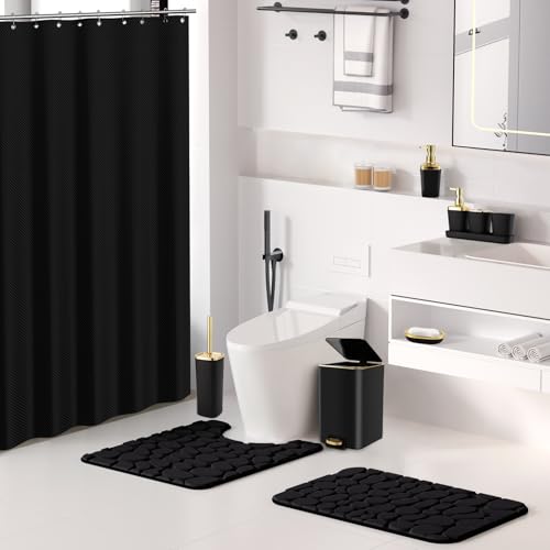 Bathroom Sets with Shower Curtain and Rugs Bathroom Accessories Set Black Bathroom Set,Soap Dispenser & Toilet Brush Holder Set with Stainless Steel Trash Can(23 PCS) - size: Black, style: Bath Set+Waffle Shower Curtain+Bath Rugs