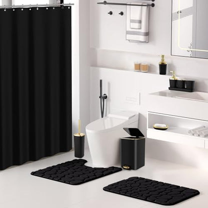 Bathroom Sets with Shower Curtain and Rugs Bathroom Accessories Set Black Bathroom Set,Soap Dispenser & Toilet Brush Holder Set with Stainless Steel Trash Can(23 PCS) - size: Black, style: Bath Set+Waffle Shower Curtain+Bath Rugs