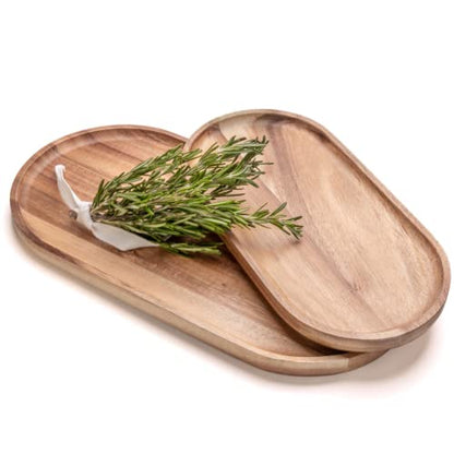 Acacia Wooden Serving Trays Set of 2 - Rectangular Oval Shaped Wood Plates for Charcuterie Cheese Bread Fruit Vegetable Dip Sushi - Rustic Serving Platter Shallow Dishes -14x7 & 11x5.5 In.