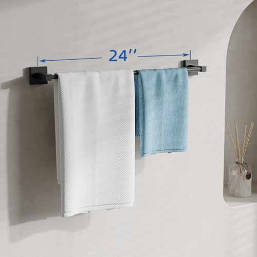 RUACQ Towel Bar 24" Towel Racks for Bathroom Wall Mounted, Matte Black | One-Piece Bath Towel Holder, Total Length 26 Inch Single Towel Rod, 304 Stainless Steel Rustproof, Square Base, Heavy Duty - color: Matte Black, size: 24 inch(Center to Center) Singl