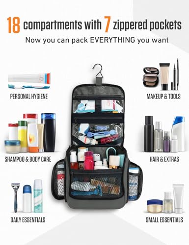 VENTURE 4TH Hanging Travel Toiletry Bag, 18 Compartments - Shadow Gray | Hangs on rails, hooks or doors; stands upright. Removable TSA pouch. Water-resistant Nylon 290D Twill, reinforced stitching. - color: Shadow Gray