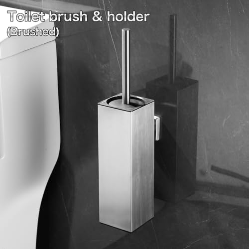 Toilet Brush Set, Brushed Wall-Mounted Toilet Brush Holder | Square Stainless Steel Toilet Brush for the Bathroom—Drill-Hole Installation, Long Handle with Splash-Proof Plastic Cover - color: Brushed