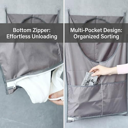 Hanging Laundry Bag, Over the Door Laundry Hamper with Door Hooks & Adhesive Hooks, Large Capacity Laundry Organizer with Bottom Zipper & 2 External Pockets for Bathroom, Dorm, RV, Small Space