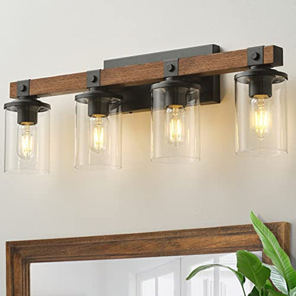 Bathroom Vanity Light Fixtures 4 lights Wooden Farmhouse Vanity Lights | Rustic Bathroom Lights over Mirror with Clear Glass Shade Black Industrial Wall Sconce for Bathroom Bedroom Hallway - color: Antique Wood 4Light