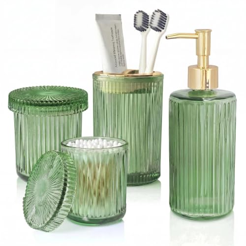 Green Bathroom Accessories Set 4 Pcs, Glass Bathroom Set | Bathroom Accessories Includes Soap dispenser, Toothbrush holder & Qtip holders, Modern Bathroom Decor, Housewarming Gift Set - style: 4 pcs Green