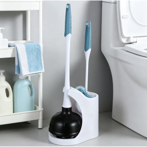 Space Saving Toilet Plunger & Brush Combo with Matching Storage Caddy, Heavy Duty Stain Resistant Bathroom Cleaning Kit for Small Bathroom Restroom Organizing