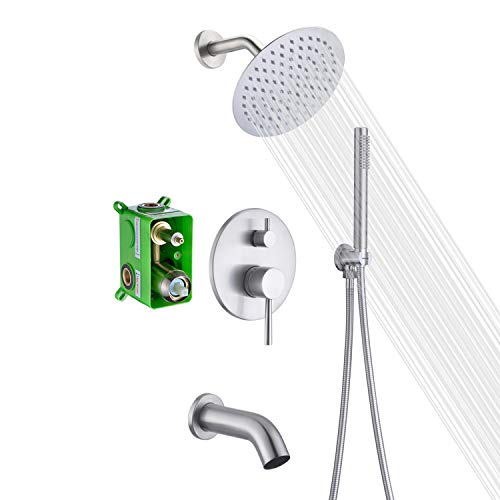 SUMERAIN Brushed Nickel Shower System with Waterfall Tub Spout | 8" Stainless Steel Rain Shower, Brass Handheld Shower, Brass Rough in Valve, Concealed Box Design - color: Brushed Nickel, size: 3 Function