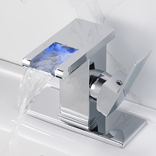 LED Waterfall Faucet, Single Hole Bathroom Sink Faucet with LED Light - color: Chrome