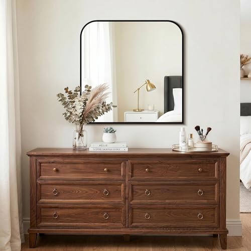 Black Bathroom Vanity Mirror 30x30 Inch | Metal Framed Bathroom Mirror for over Sink, Living Room, Bedroom, Entryway, Mantel, Fireplace Decor, Wall Mounted - size: 30"L x 30"W