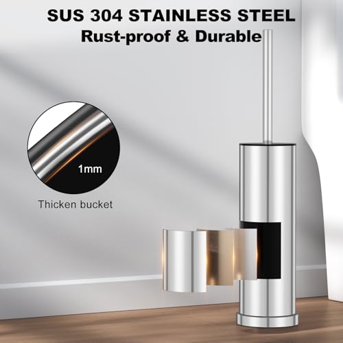 Silver Toilet Brush and Holder Set，Stainless Steel Heavy Duty Toilet Bowl Brush，Extra Long Handled Modern Toilet Cleaner Brush with Replaceable Head, Removable Inner Bowl, and Splash Protection - color: Silver, size: 1 Pack