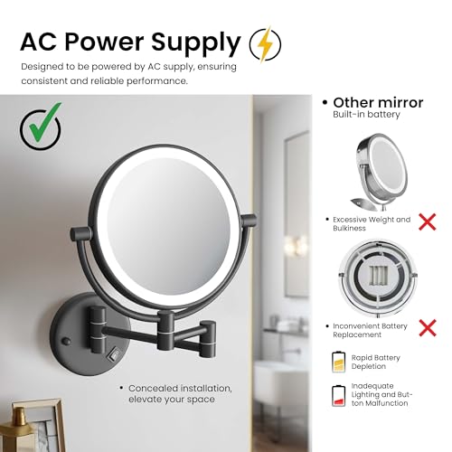 KIBI Circular Wall Mount Makeup Mirror with LED Lights, Dual-Sided 1x/5x Magnifying Mirror with Adjustable Arm, 360° Swivel, Solid Brass Construction for Durability and Style (Matte Black, KMM101) - color: Matte Black