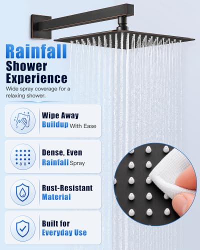 Heyalan 12 Inch Square Rain Shower Faucet Set with Valve, Oil Rubbed Bronze | Female-thread 1/2-inch NPT connections, SUS304 shower head, brass rough-in valve, single-handle control Shower Set - color: Bronze, size: 12 Inch Square Shower Head