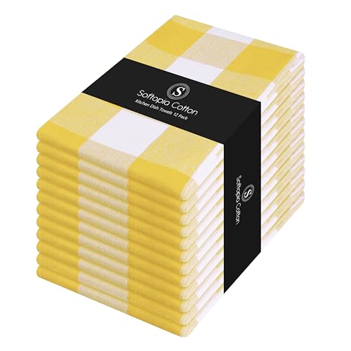 Buffalo Check Kitchen Towels, 16x26 Inches, 12 Pack Plaid Tea Towels, Reusable Cotton Dish Cloths, Quick Drying, Absorbent Towel for Cooking, Drying Dishes, Lemon Yellow and White - color: Lemon Yellow, size: 16 X 26 - 12 Pack