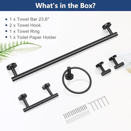 TQKAG 5 Piece Black Bathroom Accessories, 23.6" Bathroom Towel Bar Holder | 23.6" Bathroom Hardware Set, SUS304 Stainless Steel, Double Post Pivoting, Towel Hooks, Toilet Paper Holder Set Wall Mounted - color: Matte Black, size: 5-Pieces Set-B