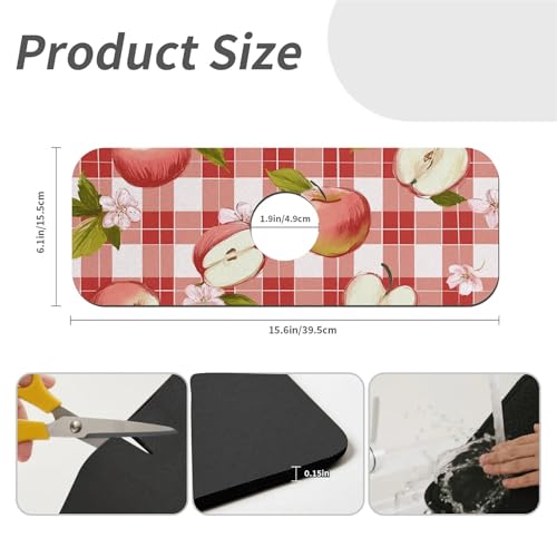 Kitchen Sink Splash Guard，Apple-on a checkered Faucet Mat Sink Gadgets-Super Absorbent Fast Drying Mat Drip Catcher for Kitchen, Bathroom,Sink Mat, Dish Drying Mat, Bathroom(15" X 5.5" ) - color: Apple-on a checkered