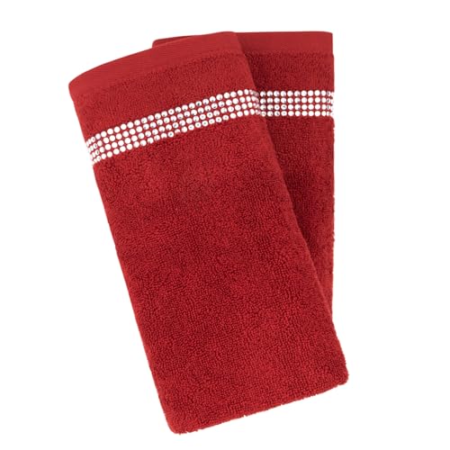 Stripe Fingertip Towel (Set of 2), 100% Turkish Cotton, Glass Rhinestones, 13", Machine Washable, Red - color: Red