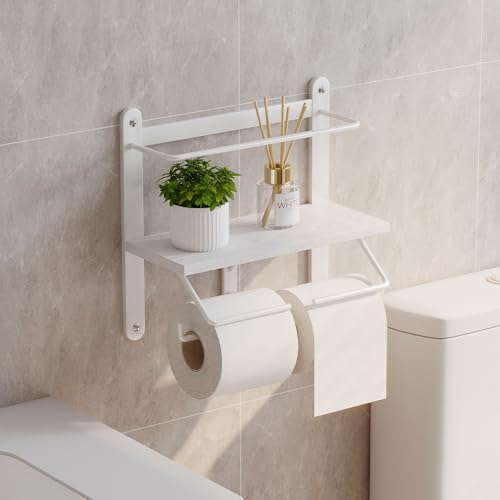 Homeiju Double Toilet Paper Holder with Shelf, Wooden Wall-Mounted Toilet Paper Roll Holder, Wall-Mounted Bathroom Organizer, Double Roll, Suitable for Bathrooms(White)