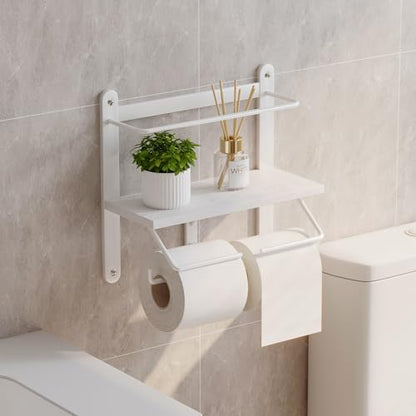 Homeiju Double Toilet Paper Holder with Shelf, Wooden Wall-Mounted Toilet Paper Roll Holder, Wall-Mounted Bathroom Organizer, Double Roll, Suitable for Bathrooms(White)