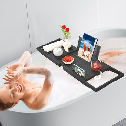 Premium Bathtub Tray Caddy - Bath Tray Expandable - Bath Tub Tray Table for Bathtub, Bamboo Wooden, Fits Most Bath Tubs - color: Premium Black
